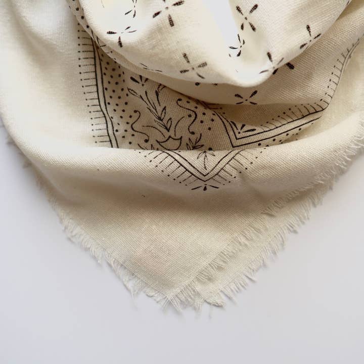 Eco Raw Studio - Wholesale Bandana - Women's - Cream Classic Print Naturally Dyed Bandana (black ink)2