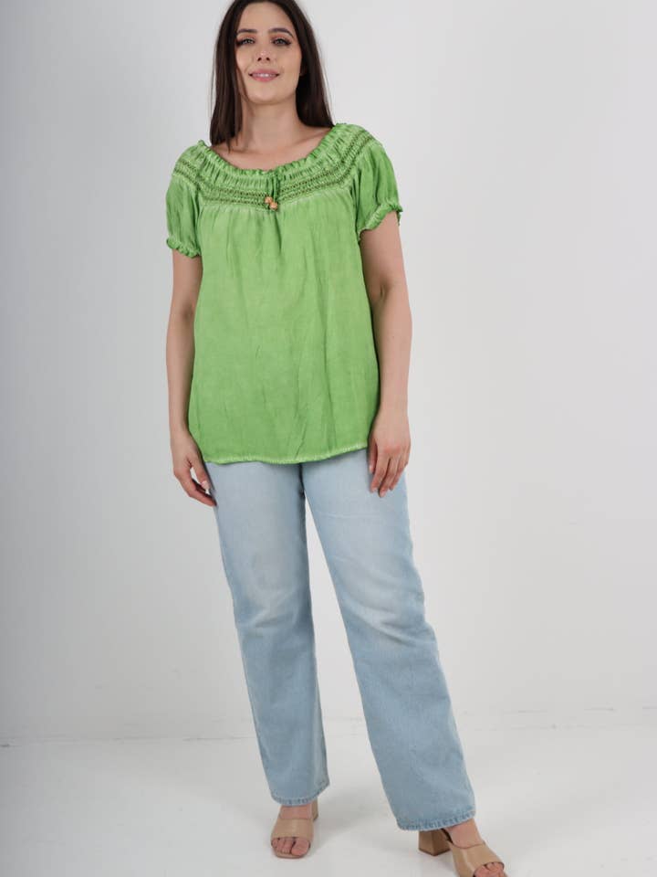 Italiensk flæsedetalje Bardot kortærmet tunika for engroshandel hos Miss Bold