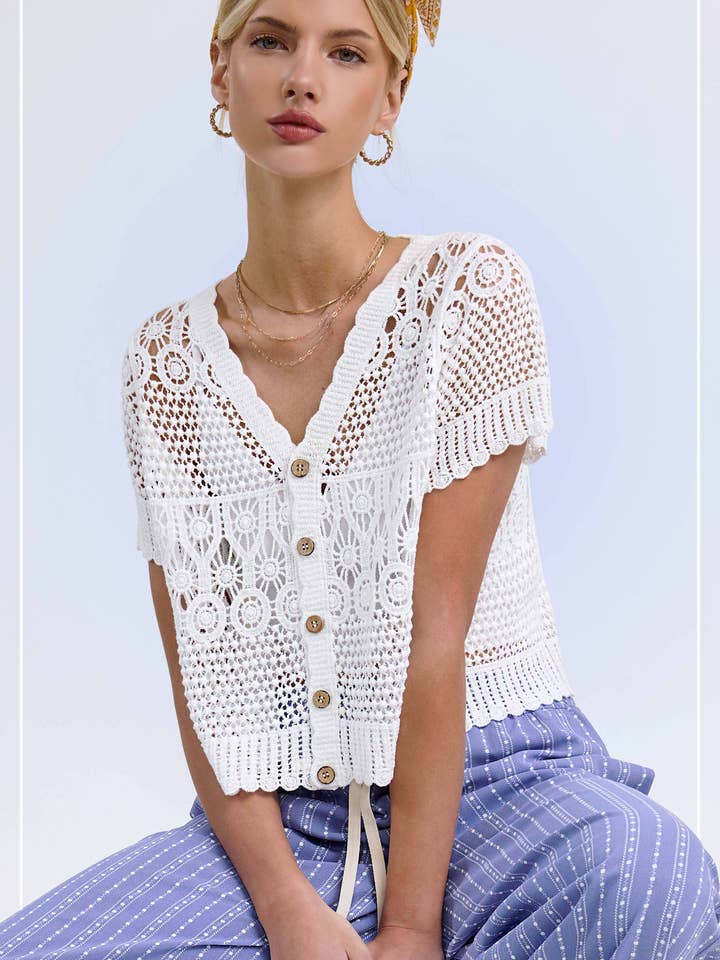 JDT7735-Open Knit Scallop Edge Button Down Cardigan Easter for wholesale by La Miel