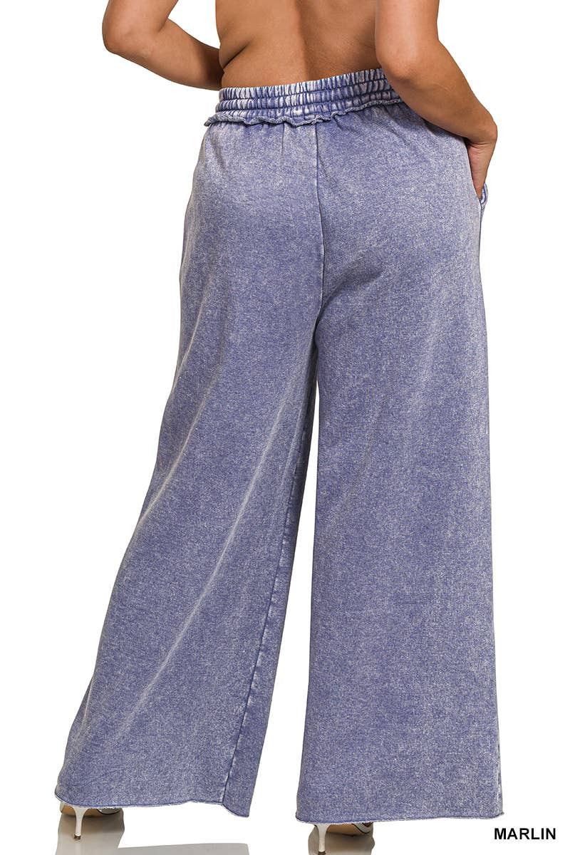 DUSTY TEAL Plus Acid Wash Fleece Palazzo Sweatpants With Pockets for wholesale on Faire1