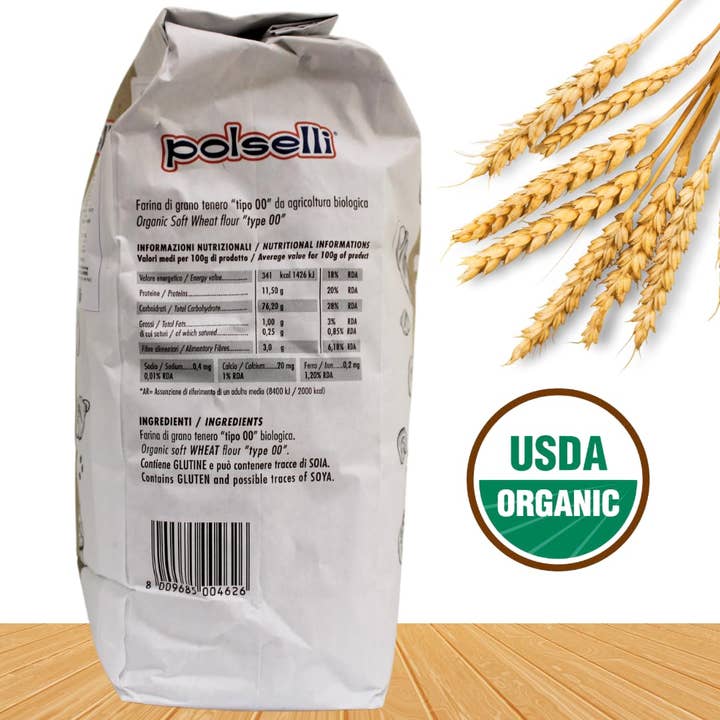 Wholesale Italian Food - Wholesale Flour - Polselli, Organic Flour, Type "00", 100% Italian Grain, 11 lbs (5 kg), Neapolitan Italian Pizza