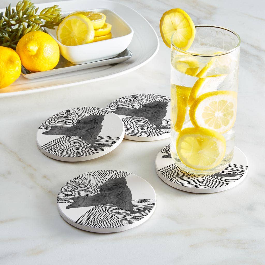 Love Local - Wholesale Coasters - Minimalistic B&W New York State With Fluid Lines | Absorbent Coasters | Set of 4 | Min 21