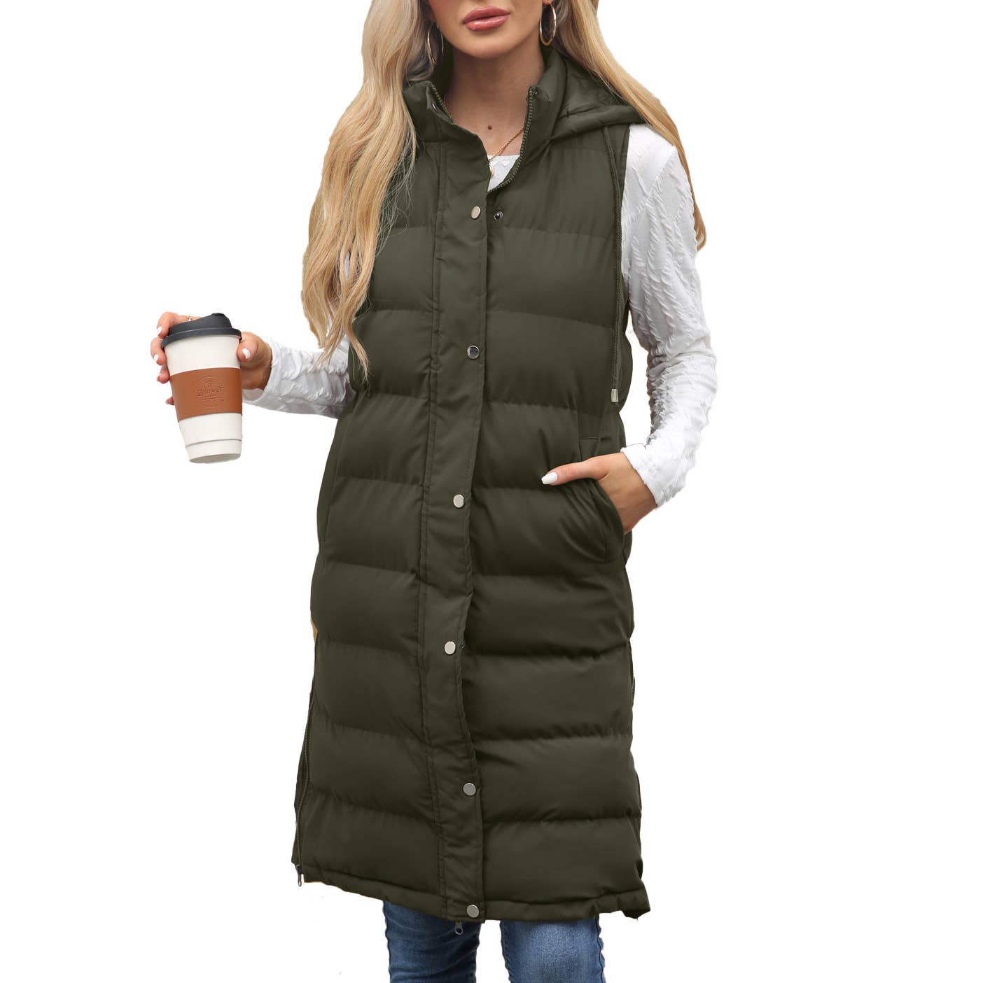 Lily Clothing - Wholesale Outerwear Vest - Women's - Solid-color hooded sleeveless cotton-padded vest3