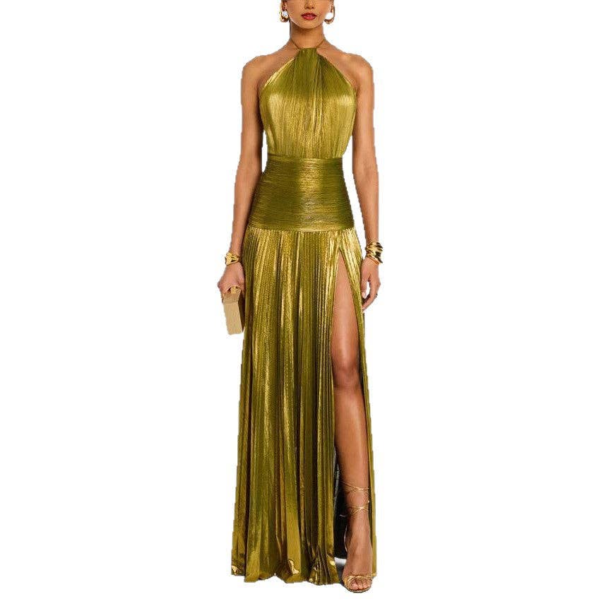 Ouro Vestido Comprido Dourado Metálico de Mulher com Decote Halter e Costas Abertas N25A064 para venda a revendedores na Faire1
