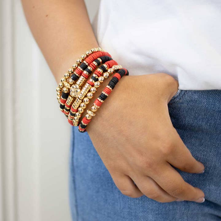The Royal Standard - Wholesale Beaded Bracelet - Paw Print Bead Bracelet Stack Red/Black/Gold 7"