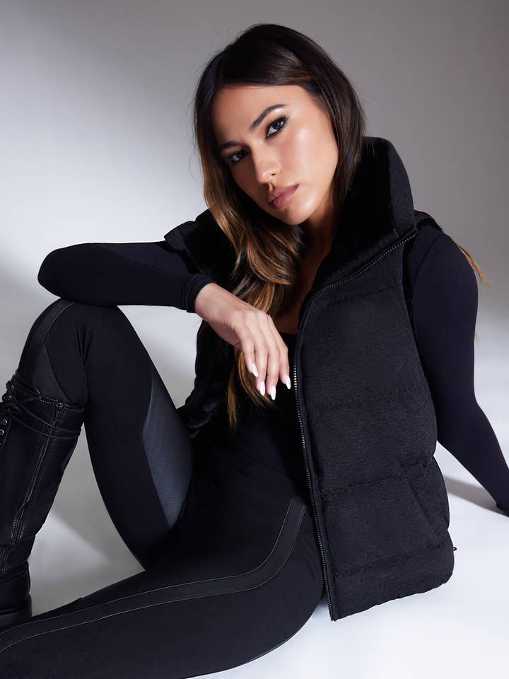 Dark Charcoal Black Adventurer Reversible Faux Fur Puffer Vest for wholesale on Faire