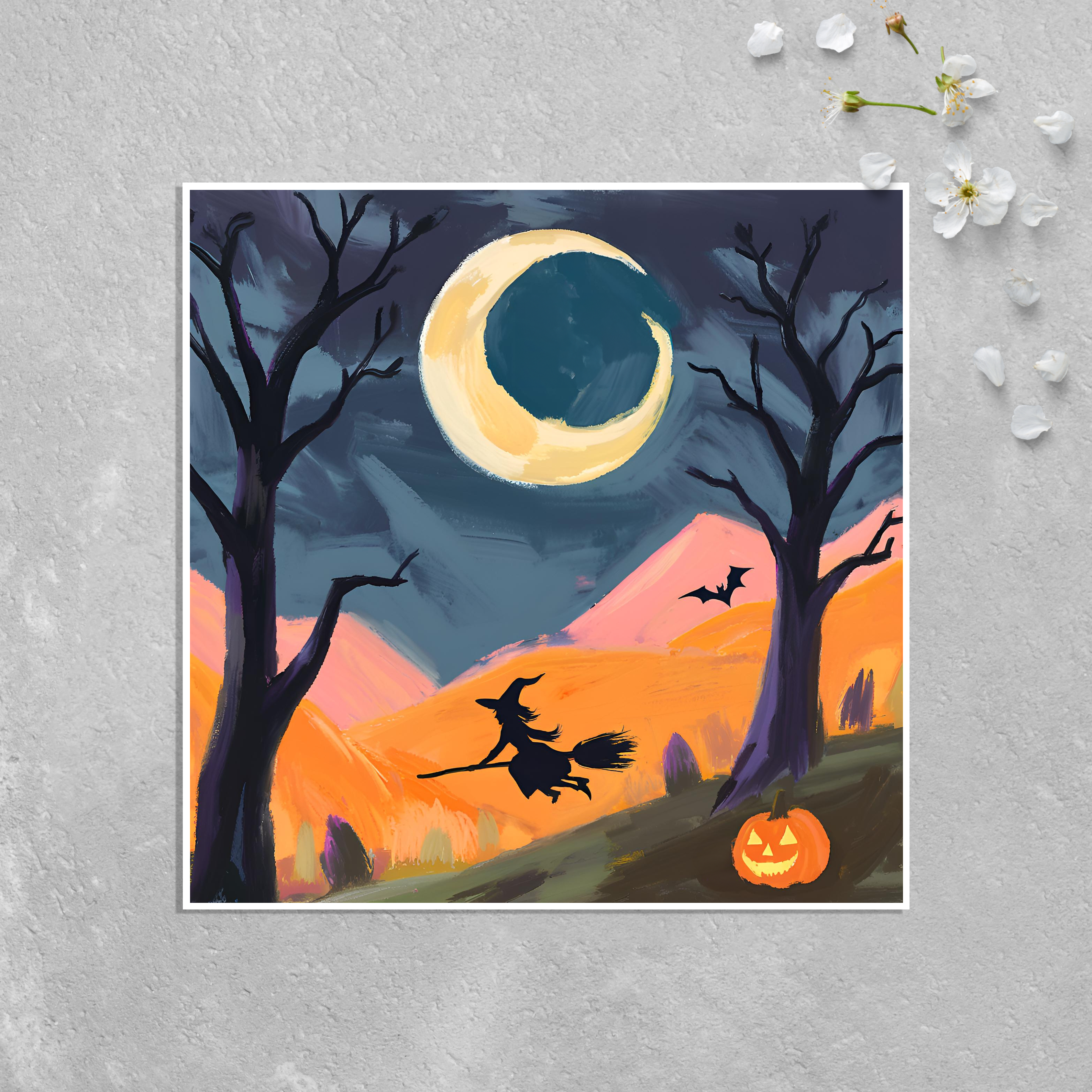 KalooMoon Art - Vendita all'ingrosso Biglietti di auguri di buone feste - Biglietto di Halloween: Piccola strega che vola sulla scopa di notte2