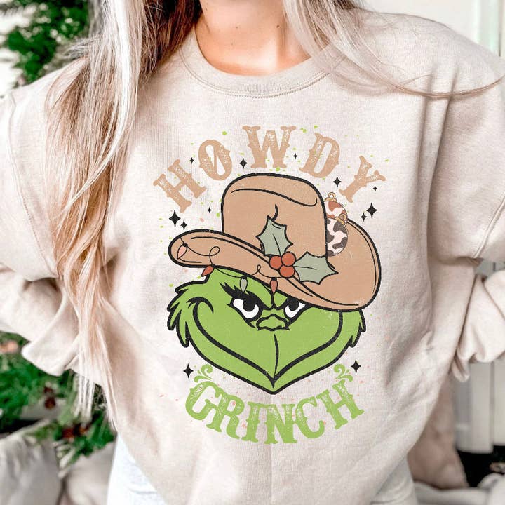 Howdy Grinch Christmas Sweatshirts - Brown Hat for wholesale by Southern Designs & Home Decor