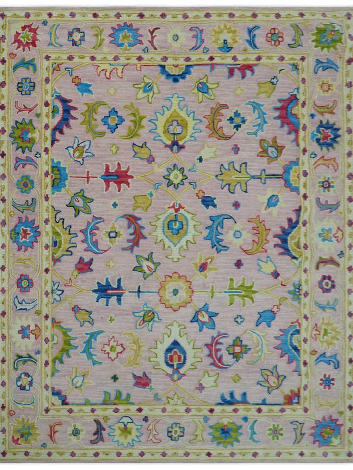 Vibrant Colorful Pink, Olive and Blue Oriental Oushak Hand Tufted Multi Size area rug for wholesale by The Rug Decor, Inc.