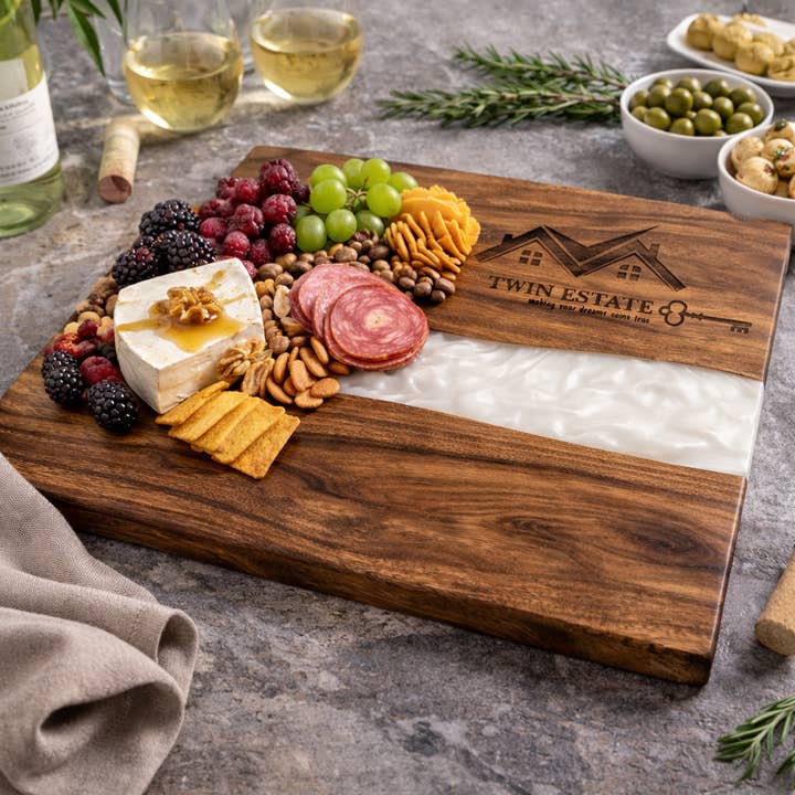 Laser Engraved Acacia & White Pearl Resin Serving Board for wholesale by Cabin and Reel Engraving