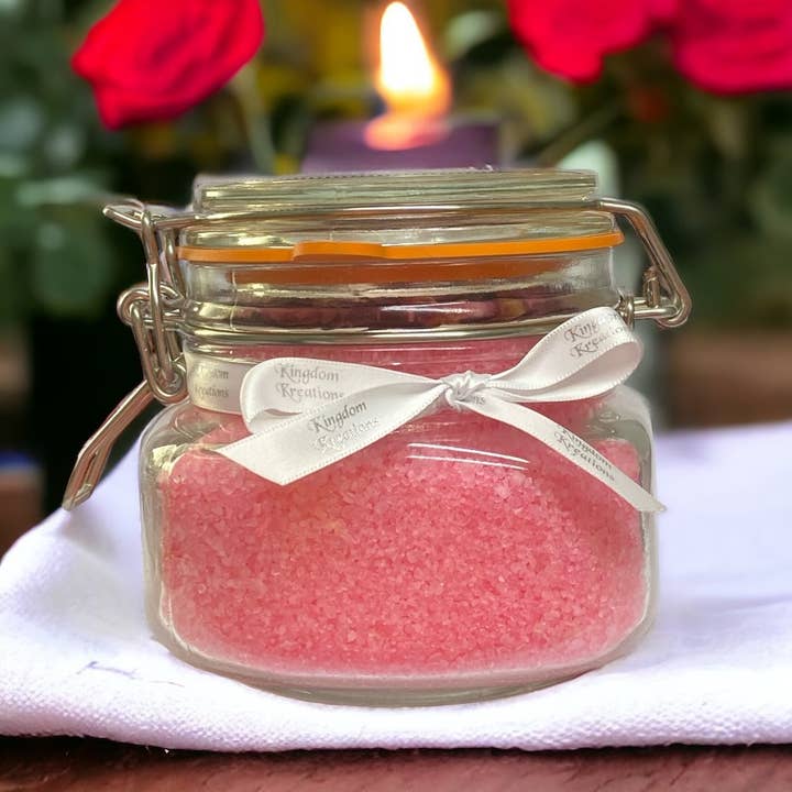 Tea Rose Fragrance Natural Bath Salts In A Glass Jar (500g) for wholesale by Kingdom Kreations