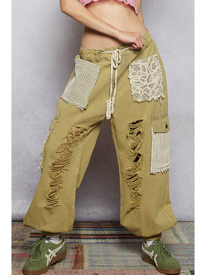 Pol Clothing - Wholesale Pants - Women's - Vintage Wash Crochet Patches Distress Jogger Pants SALE51