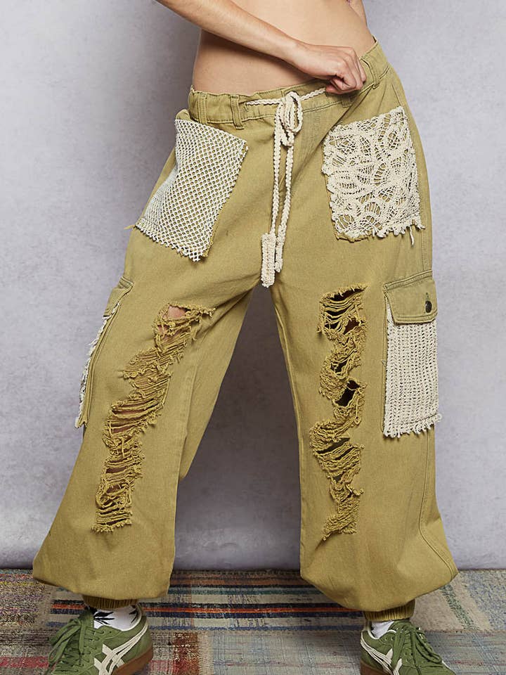 Vintage Wash Crochet Patches Distress Jogger Pants SALE for wholesale by Pol Clothing