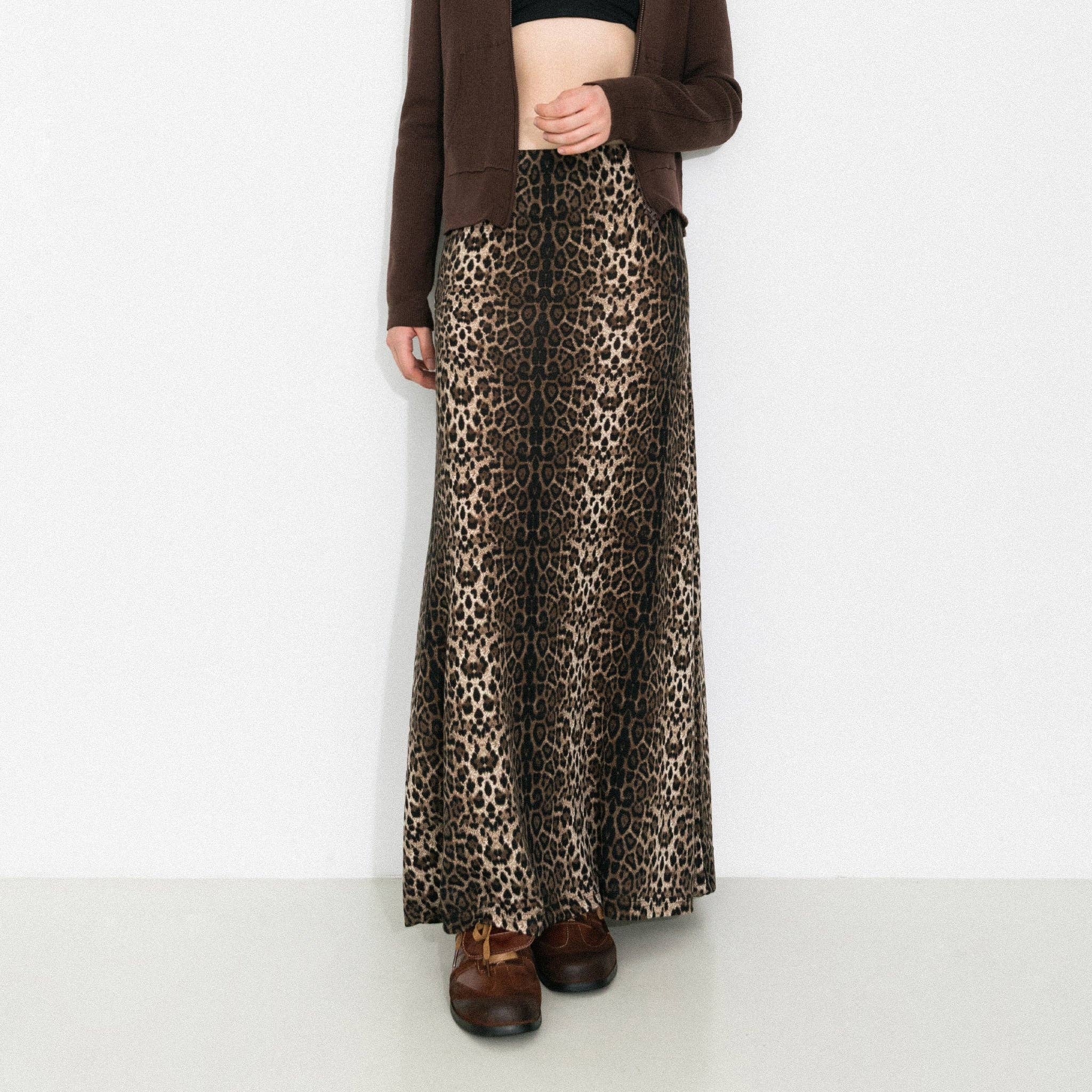 Brown Vintage Leopard Print Draped Maxi Skirt for wholesale on Faire0