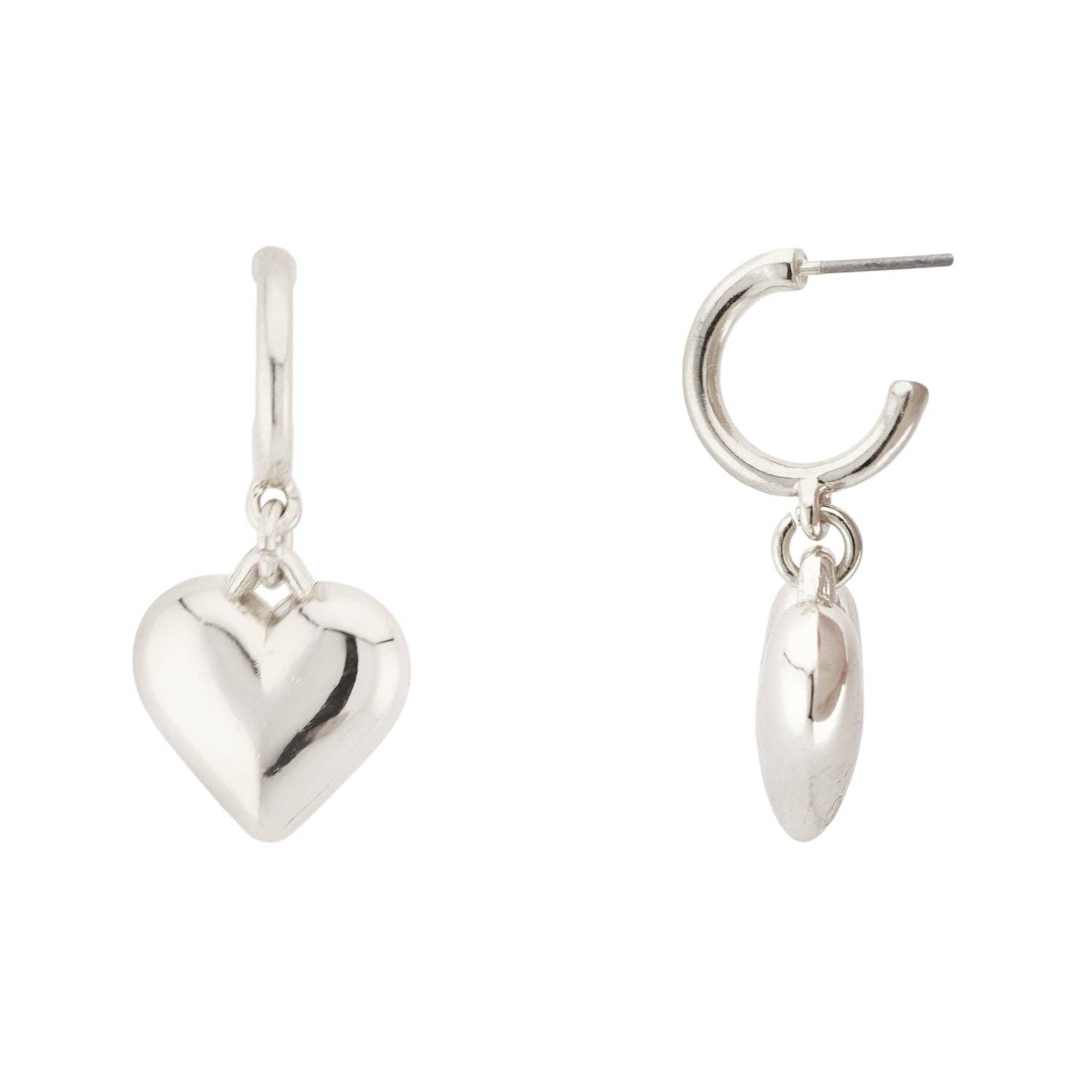 What's Hot - Wholesale Hoop Earrings - Silver Huggie Hoop with Puffy Heart Drop 1.25" Earring