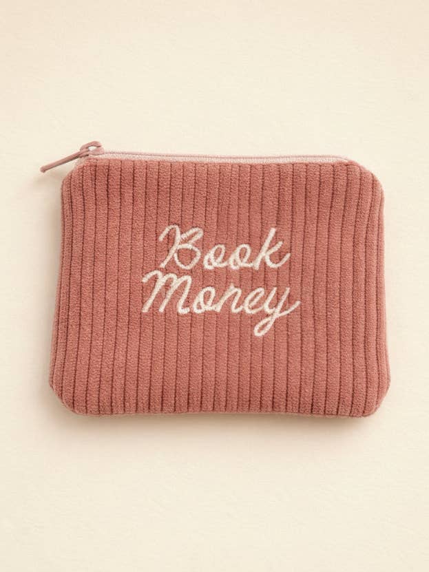 Book Money Embroidered Zip Wallet for wholesale by Inkwell Threads