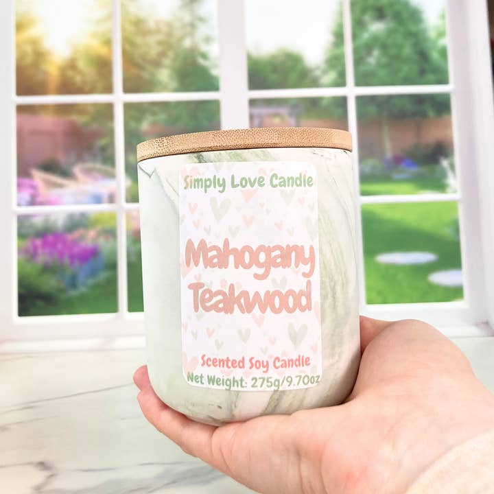 Simply Love Candle - Wholesale Jar/Filled Candle - Mahogany Teakwood 10 oz Marbled Ceramic Candle with lid 5