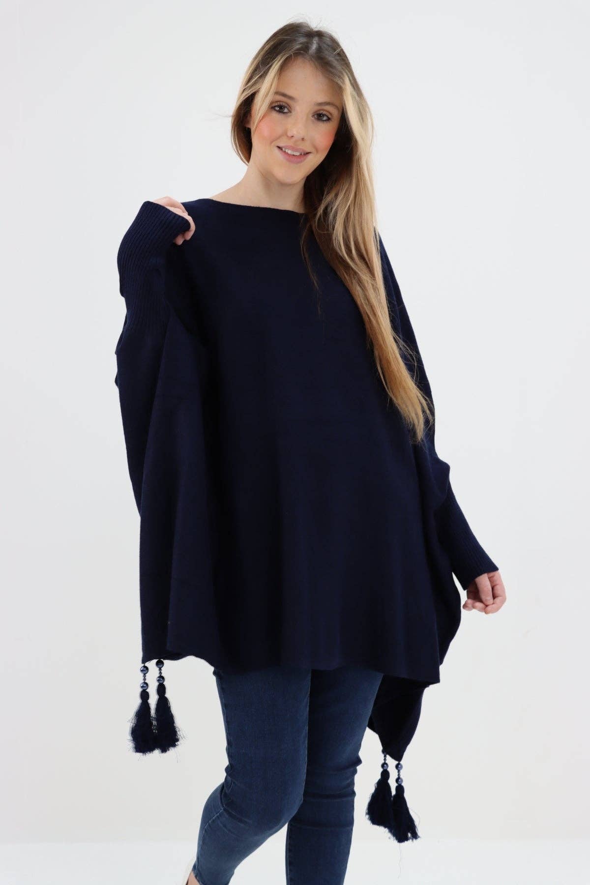 Miss Bold - Wholesale Poncho - Women's - Italian Plain Batwing Sleeves Tassels Tunic Poncho29