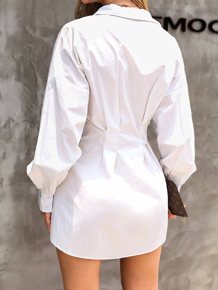 WHITE Collared Ruffle Waist Solid Shirt Dress for wholesale on Faire3