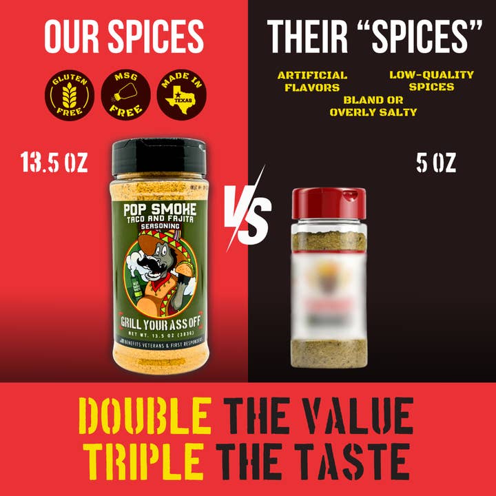 Grill Your Ass Off - Spices, Rubs, Seasonings, Sauces, Jerky - Wholesale Dried Spice Mix - Pop Smoke Taco & Fajita Seasoning – Bold Tex-Mex Flavor