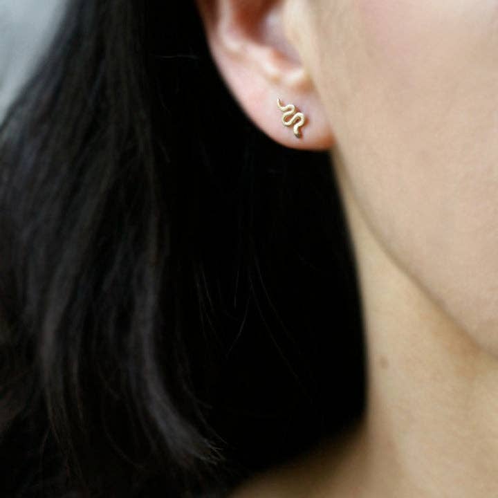 Mini Mismatched Snake Stud Earrings in 14K Gold for wholesale by Michelle Chang