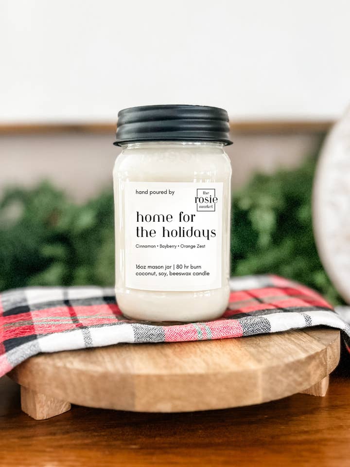Home for the Holidays 16oz Mason Jar Candle for wholesale by The Rosie Market