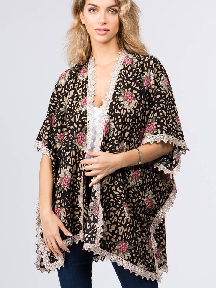 Leopard & Floral Kimono with Lace for wholesale by Suzie Q USA