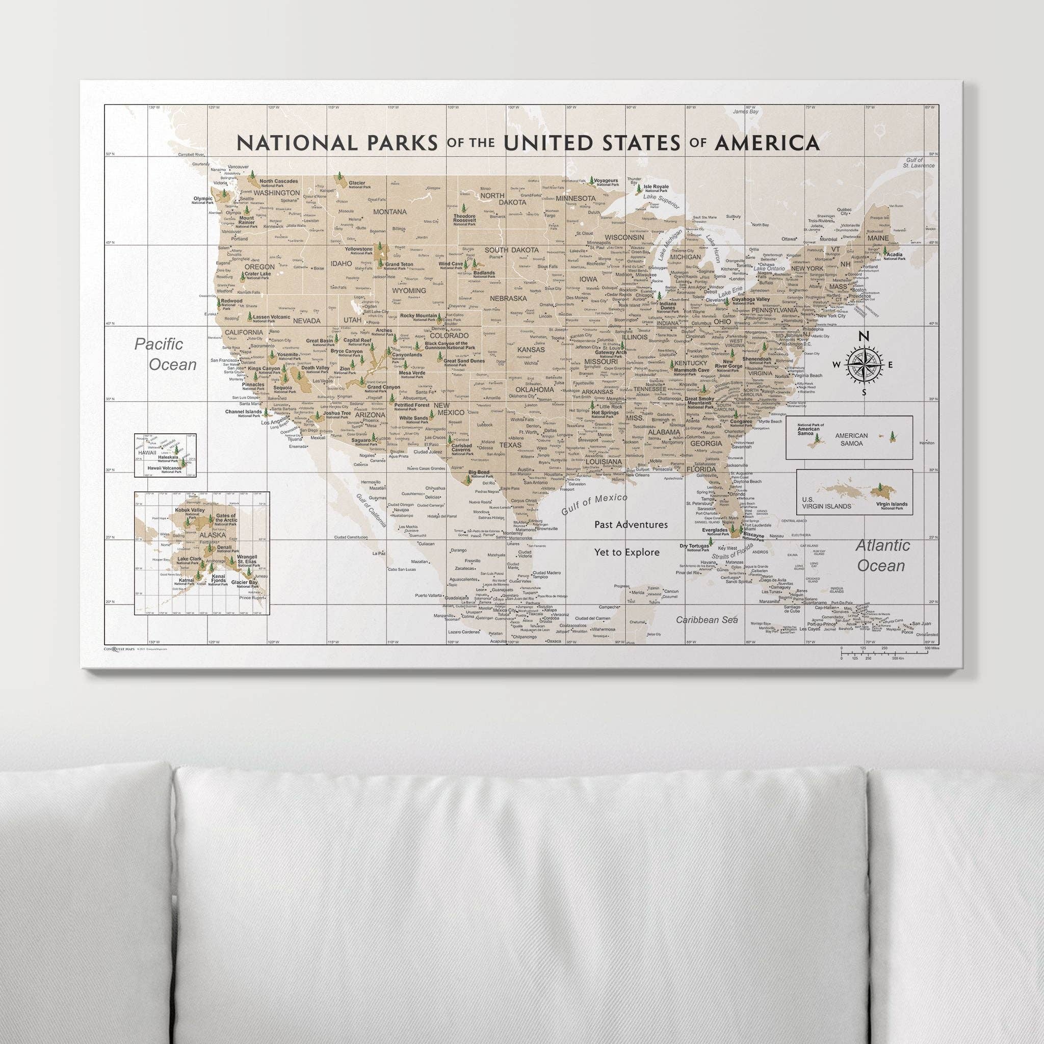 Conquest Maps - Wholesale Map - Push Pin National Parks Map - Light Brown Color Splash - Pins Included!4