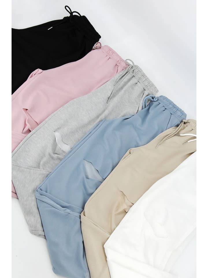 Sweet Generis - Wholesale Athletic sweatpants/jogging bottoms – Women's - RAW CUT WIDE LEG JOGGER SWEATPANTS WITH KNEE RIP22