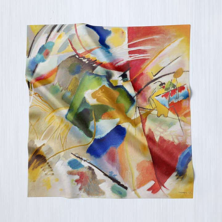 Cuadro con centro verde de Wassily Kandinsky, lujoso pañuelo cuadrado, chal bohemio, hecho a medida, hecho a mano y libre de crueldad animal para venta al por mayor de Ebon et Noir LLC
