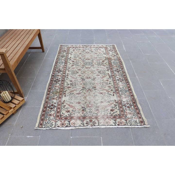 Vintage Turkish Rug, 3,9x6,2 ft Rug, Beige Polka dot Wool Rug for wholesale by The Loom Wholesale