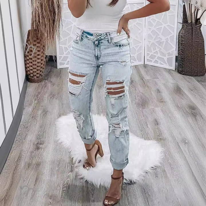 Blau Damenmode Slim-Fit Ripped Jeans für den Großhandel auf Faire4