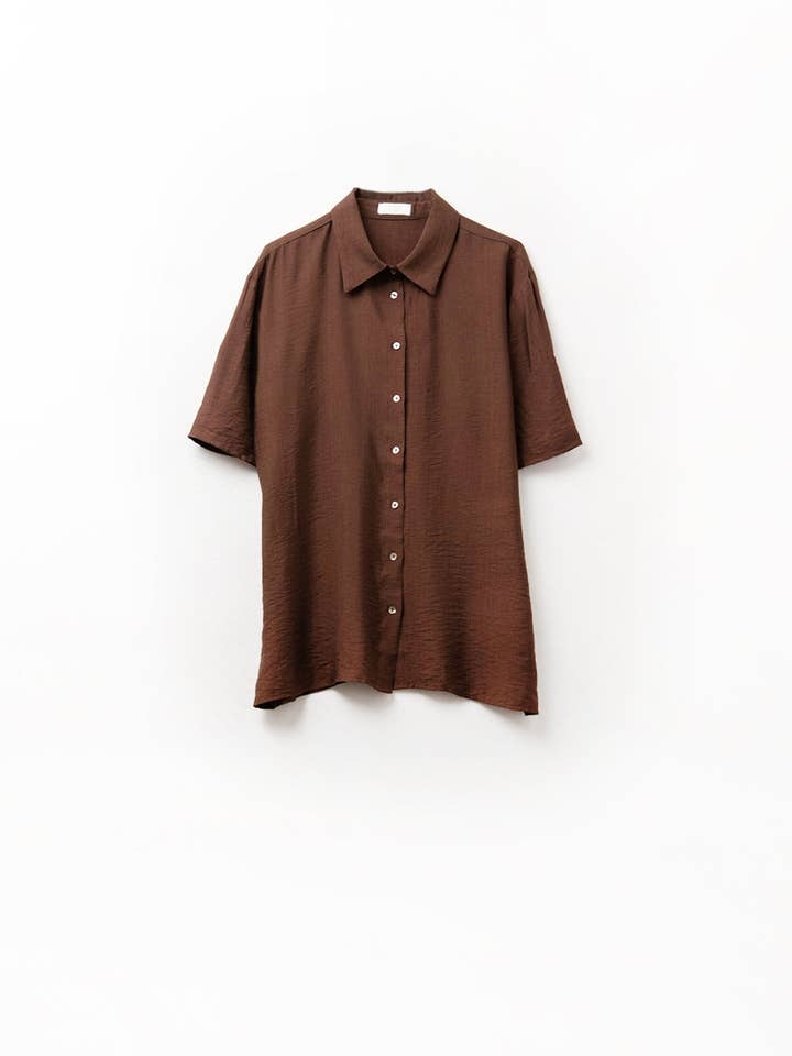 Chocolate Brown shirt with short sleeves and pleat on the sleeve for wholesale on Faire6
