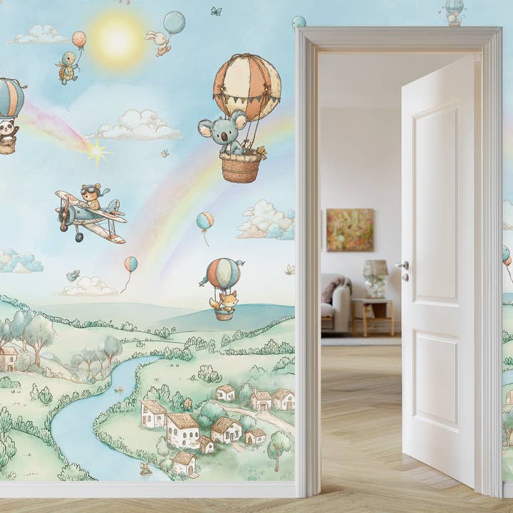 Hot Air Balloon Nursery Wallpaper | Animal Sky Mural for wholesale by Prime Decor Wallpaper