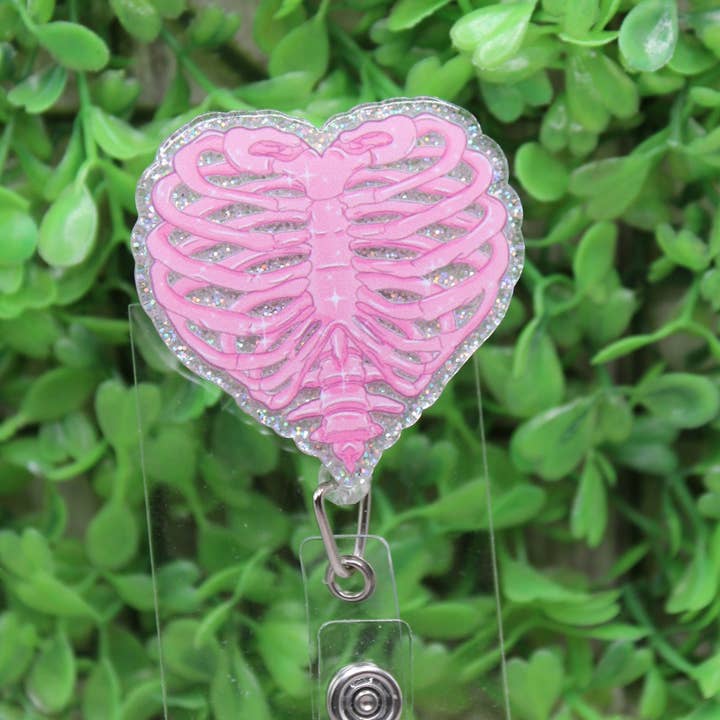 Pink Ribcage Heart Badge/ID Holder Reel for wholesale by Hylidae Boutique