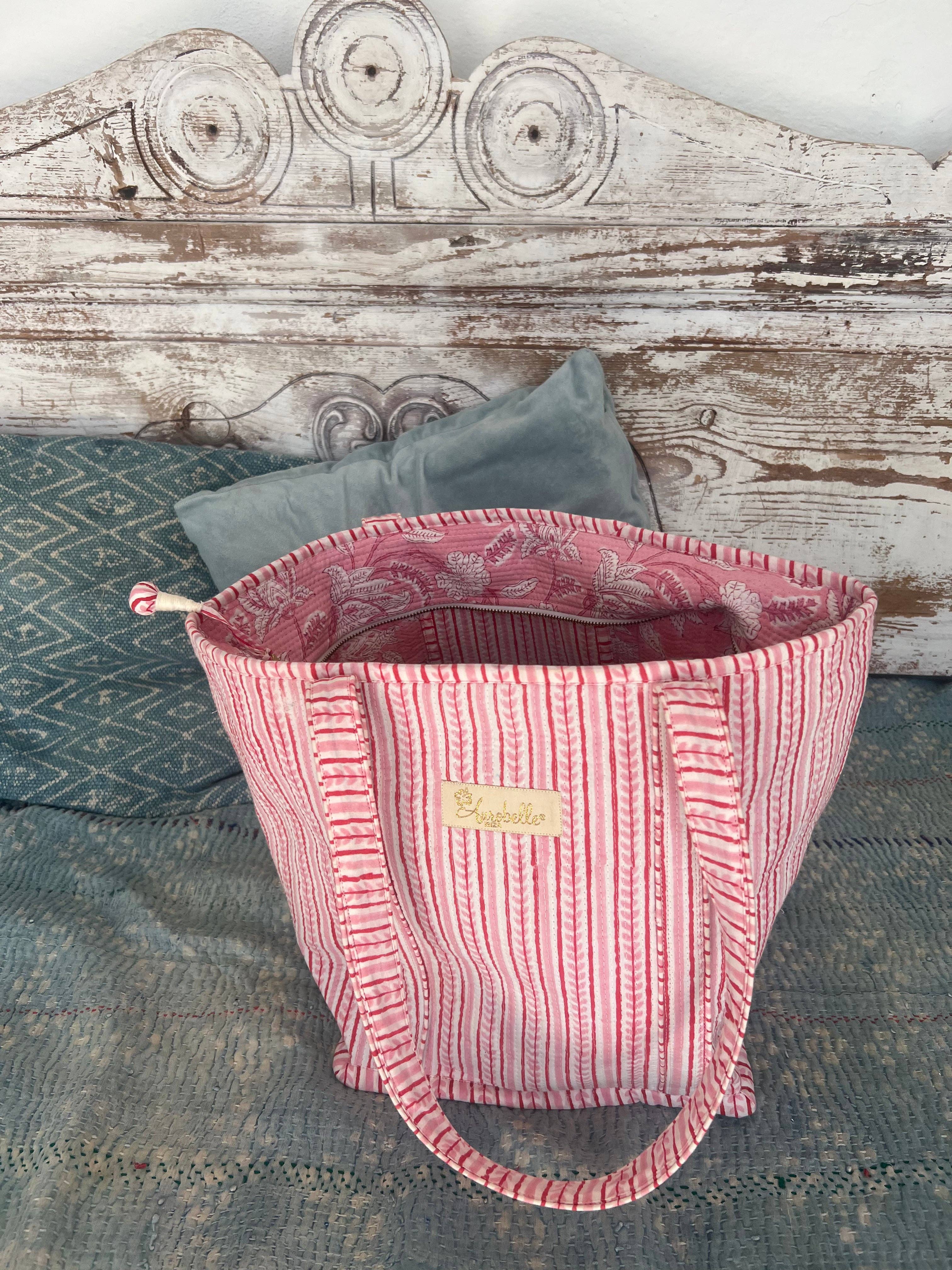 Aurobelle Ibiza - Vente Tote bag – femme - Sac fourre-tout Brigitte grand format en coton matelassé | Sac à bandoulière imprimé bloc rose | Sac bohème pour la plage | Sac de voyage fait main8