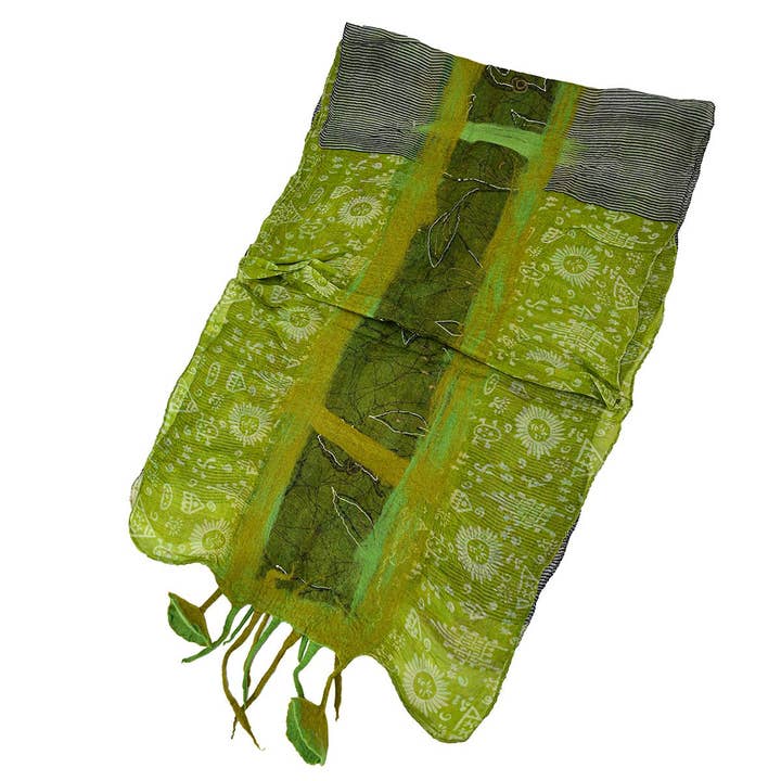 BNB Crafts Inc. - Wholesale Scarf - Women's - Green Felt and Saree Vintage Scarves with Flower Hanging2