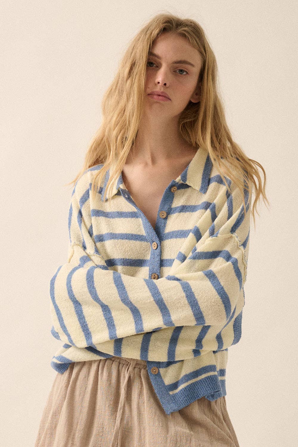Promesa USA - Vente Cardigan – femme - Cardigan à rayures en maille avec col et boutons sur le devant9