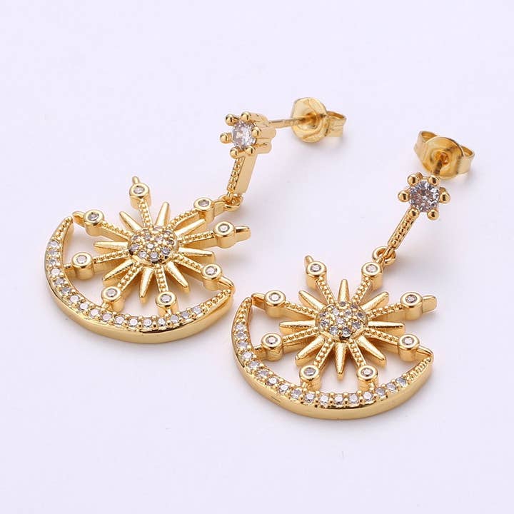 Gold Micro Paved CZ Celestial Sun Moon Stars Cubic Zirconia Dangle Stud Earrings | K470 for wholesale by Aim Eternal