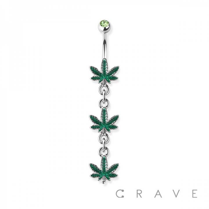 TRIPLE MARIJUANA LEAF DANGLE 316L SURGICAL STEEL NAVEL RING for wholesale by CRAVE BODY JEWELRY