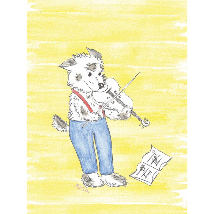 Busker the Violin Dog Pop, kids musical animal wall art ( for wholesale by Whimsy Pop