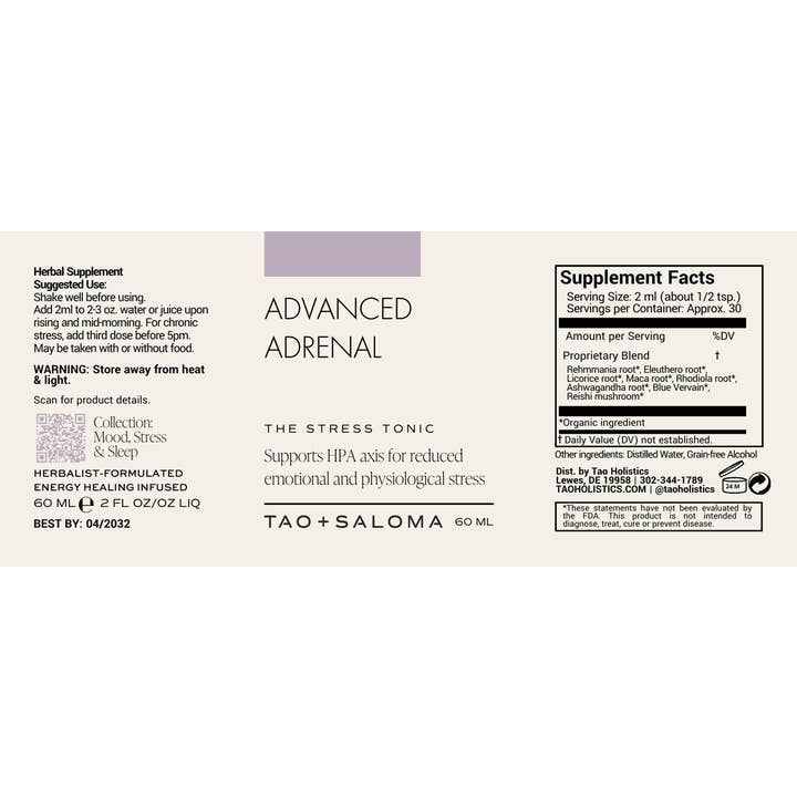TAO + SALOMA - Venta al por mayor Suplementos/vitaminas para beber - Apoyo Adrenal: Tónico Avanzado para el Estrés