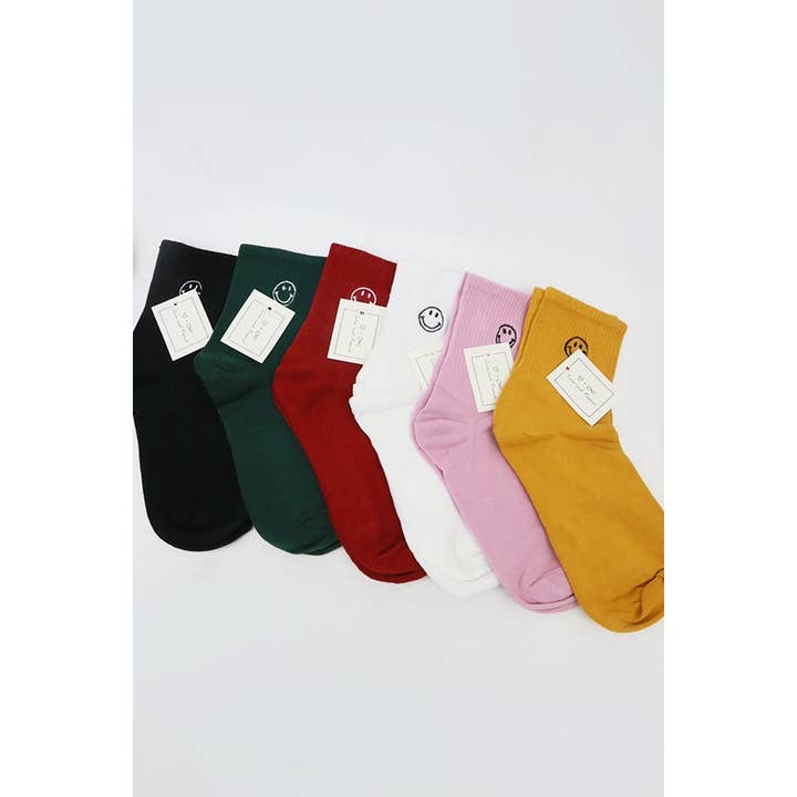 MIX COLOR Solid Smiley Embroidered All Year Long Socks for wholesale on Faire1