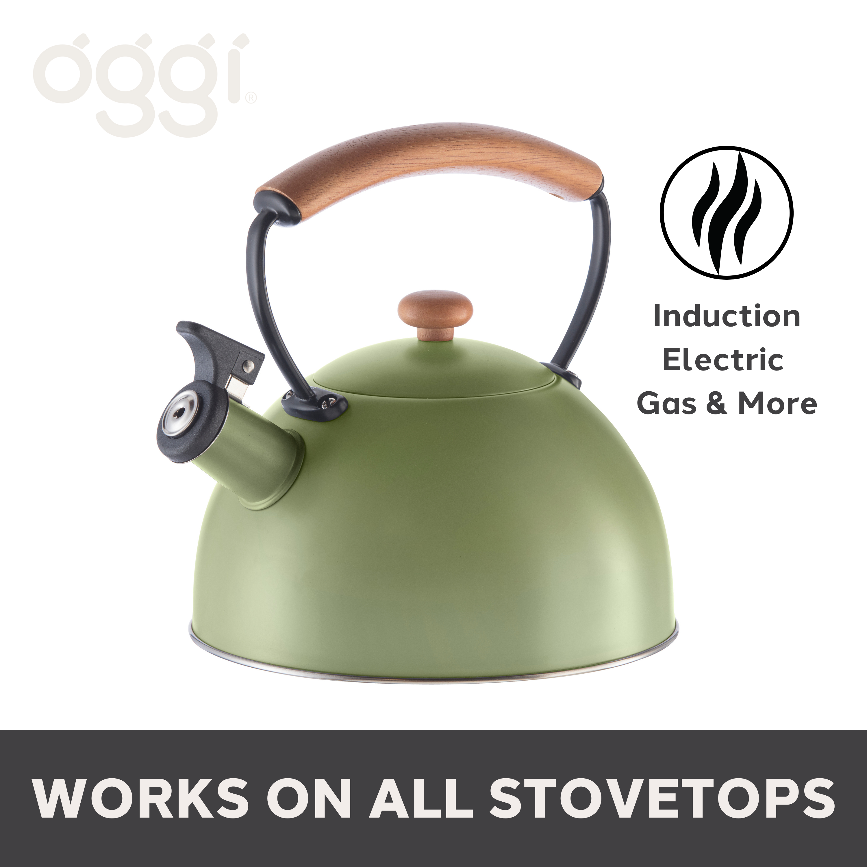 Oggi - Wholesale Kettle - Stovetop Kettle - Steel, Wood Handle, Whistle (1.9lt, 64oz)5