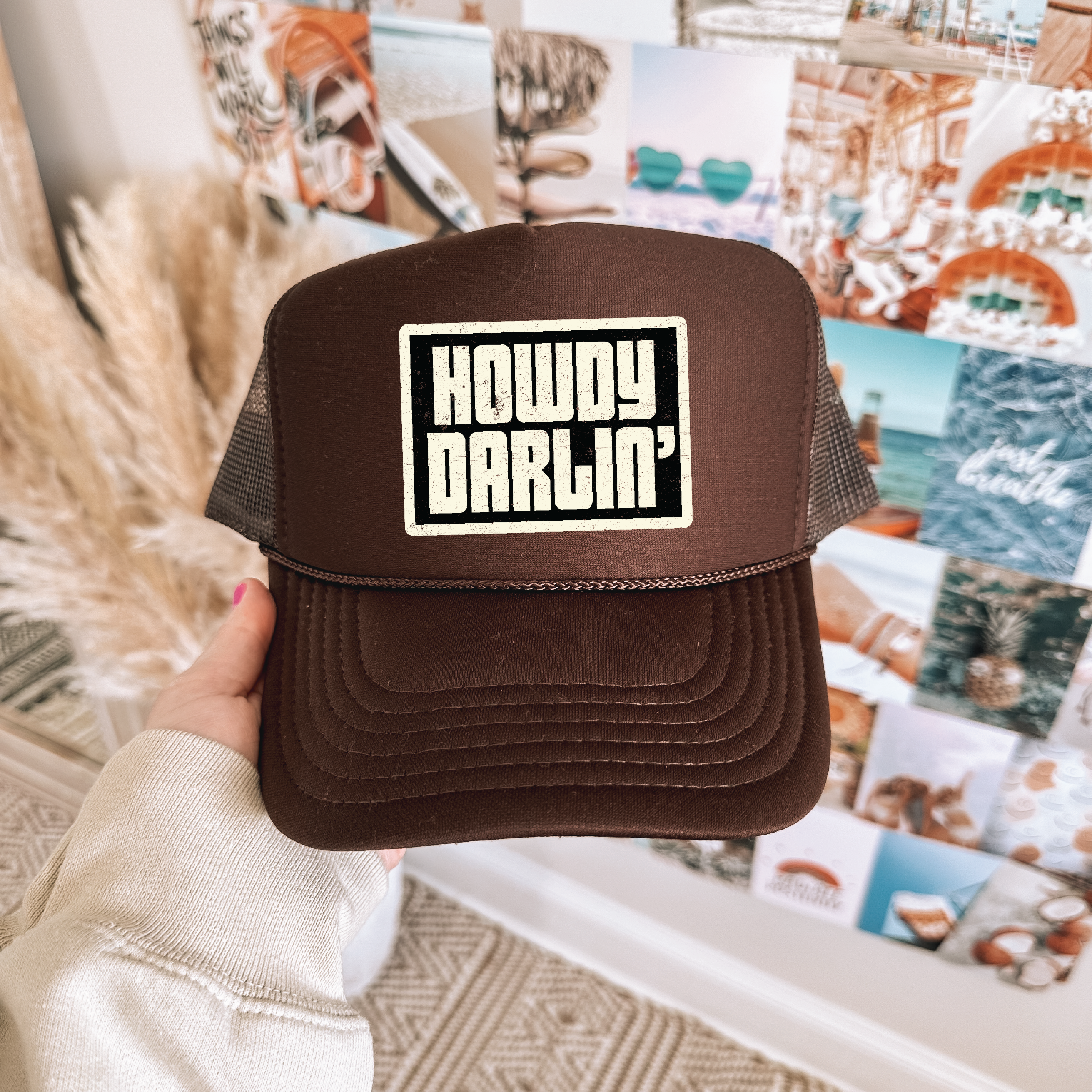 Southern Attitude Designs Inc - Wholesale Trucker Hat - Women's - Howdy Darlin DTF Printed Brown Trucker Hat0
