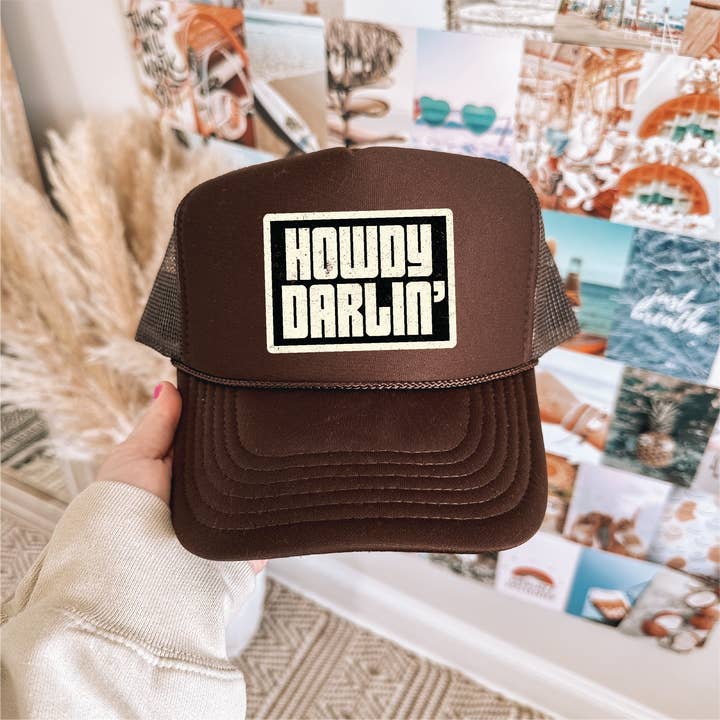 Southern Attitude Designs Inc - Wholesale Trucker Hat - Women's - Howdy Darlin DTF Printed Brown Trucker Hat