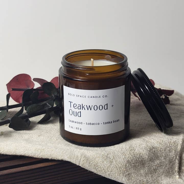 Teakwood + Tobacco + Tonka Bean - 3 oz. Amber Soy Candle for wholesale by Bold Space Candle Co.
