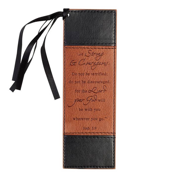 Christian Art Gifts - Wholesale Bookmark - Bookmark Faux Leather Black/Brown Be Strong Josh. 1:9