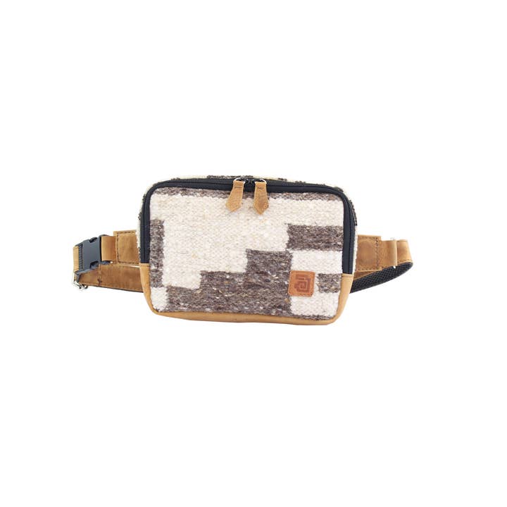 Handmade wool and leather Zaculeu design Belt Bag for wholesale by Achiote Guatemalan Goods