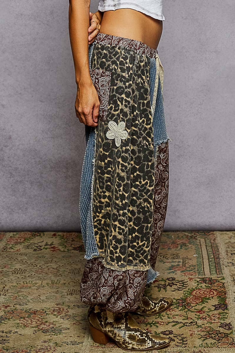 Pol Clothing - Wholesale Pants - Women's - Crochet patch detail contrast patchwork printed woven pants48